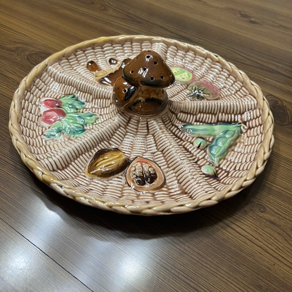 Japanese Hors d'oeuvre Ceramic Veggie Divided Serving Platter Mushroom - Picture 3 of 9